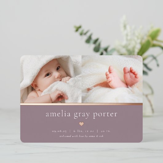 小さいハート | 2枚のフォトフォイル誕生のお知らせ 箔招待状 (立ち正面)