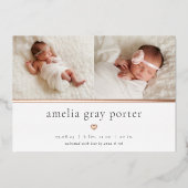 小さいハート | 2枚のフォトフォイル誕生のお知らせ 箔招待状 (正面)