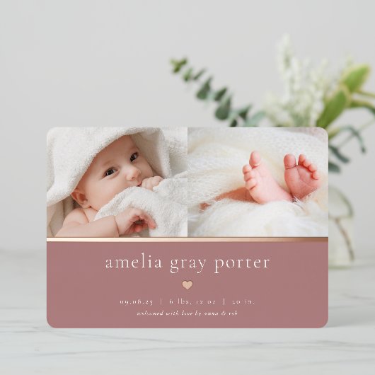 小さいハート | 2枚のフォトフォイル誕生のお知らせ 箔招待状 (立ち正面)