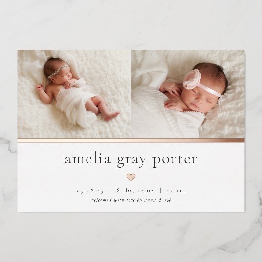 小さいハート | 2枚のフォトフォイル誕生のお知らせ 箔招待状 (正面)