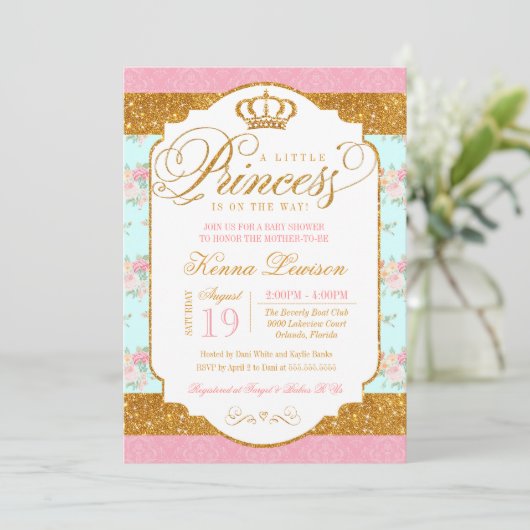 小さいプリンセスのぼろぼろの上品によってはベビーシャワーが開花します 招待状 (スタンド正面)