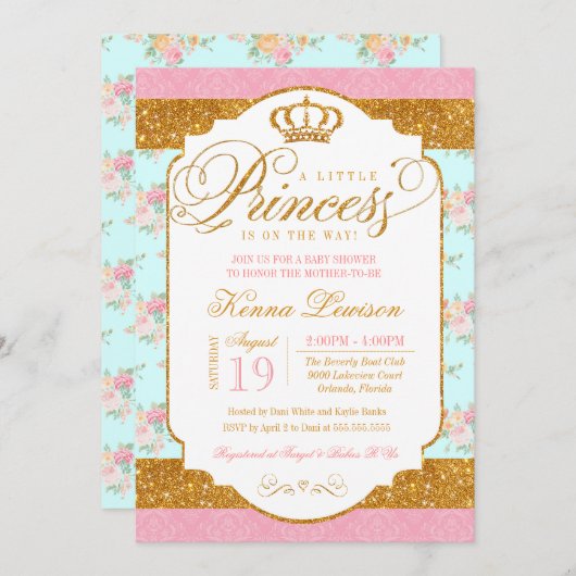 小さいプリンセスのぼろぼろの上品によってはベビーシャワーが開花します 招待状 (正面/裏面)