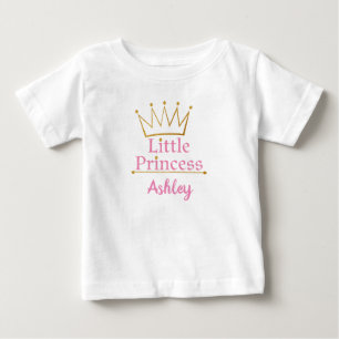 小さいプリンセスのピンクの文字および金ゴールドの王冠 ベビーTシャツ
