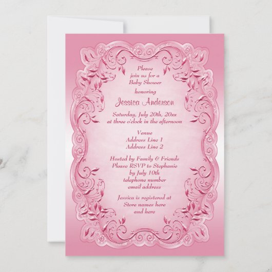 小さいプリンセスのベビーシャワーの金ゴールドの王冠のピンクフレーム 招待状 (裏面)