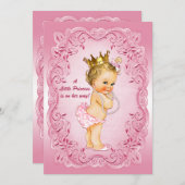 小さいプリンセスのベビーシャワーの金ゴールドの王冠のピンクフレーム 招待状 (正面/裏面)