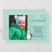 小さいペンギンのティール(緑がかった色)の写真の招待状 招待状 (正面/裏面)