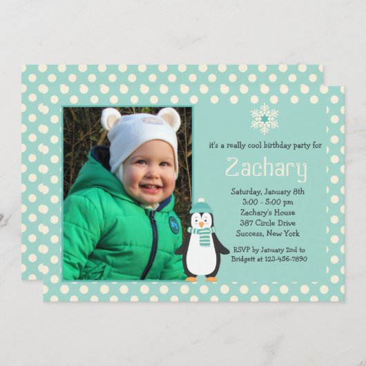 小さいペンギンのティール(緑がかった色)の写真の招待状 招待状 (正面/裏面)