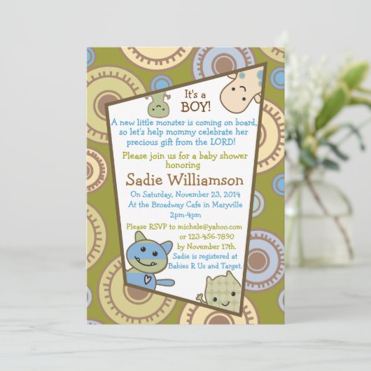 小さいモンスターのキリスト教のベビーシャワーの招待状 招待状 (スタンド正面)