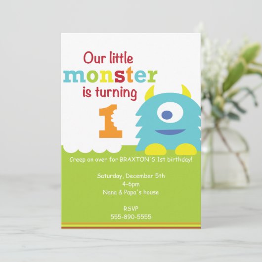 小さいモンスターの第1誕生日の招待の青緑 招待状 (スタンド正面)