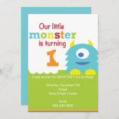 小さいモンスターの第1誕生日の招待の青緑 招待状 (正面/裏面)