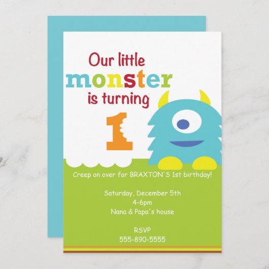 小さいモンスターの第1誕生日の招待の青緑 招待状 (正面/裏面)
