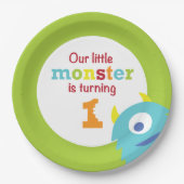 小さいモンスターの第1誕生日の青緑 ペーパープレート (正面)