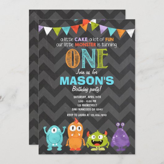 小さいモンスターの誕生日のパーティの招待状のチョーク 招待状 (正面/裏面)