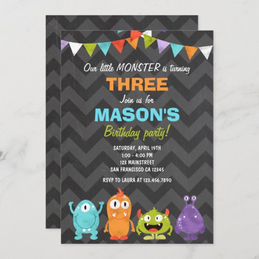 小さいモンスターの誕生日のパーティの招待状のチョーク 招待状 (正面/裏面)
