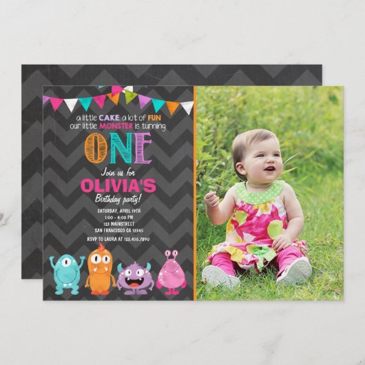 小さいモンスターの誕生日のパーティの招待状の女の子のピンク 招待状 (正面/裏面)