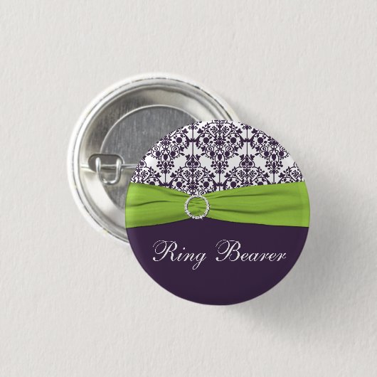 小さいライムおよび紫色のダマスク織の結婚式で指輪を運んで来る人Pin - 缶バッジ (正面&裏面)