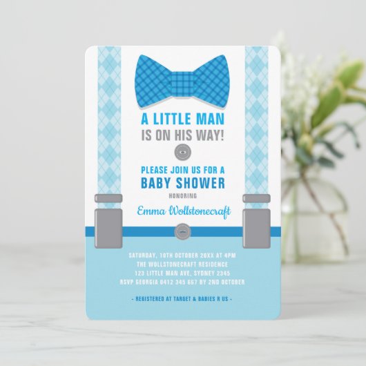 小さい人のベビーシャワーの招待状の青Bowtie 招待状 (スタンド正面)