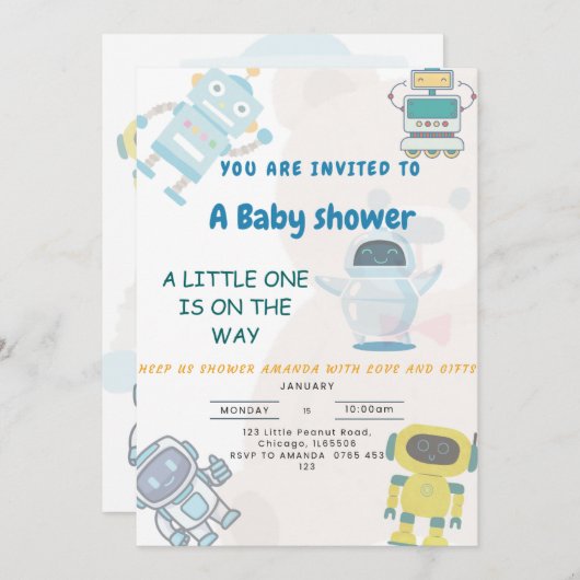 小さい人はロボのおもちゃの赤ちゃんシャワーの途中にある 招待状 (正面/裏面)