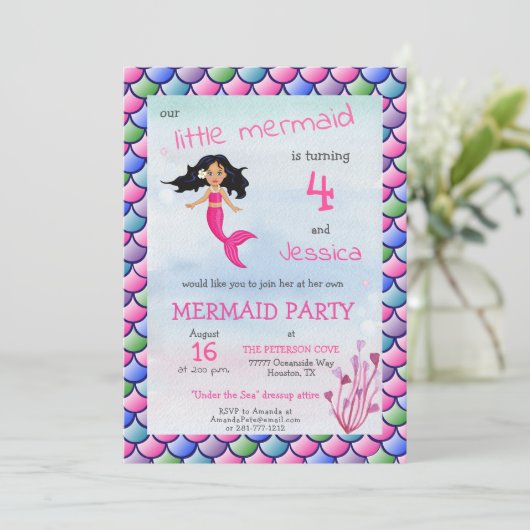 小さい人魚のピンクの青い誕生日のパーティの招待状 招待状 (スタンド正面)