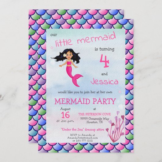 小さい人魚のピンクの青い誕生日のパーティの招待状 招待状 (正面/裏面)