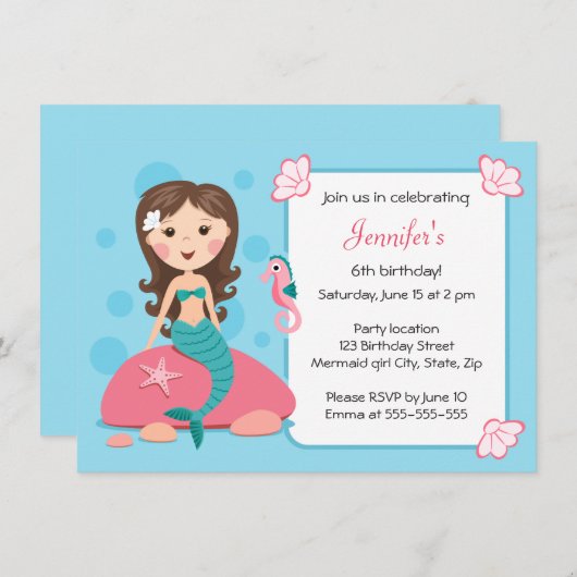 小さい人魚の女の子のかわいくガーリーな誕生日の招待 招待状 (正面/裏面)