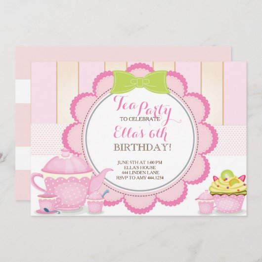 小さい女性お茶会のバースデーパーティ招待状 招待状 (正面/裏面)
