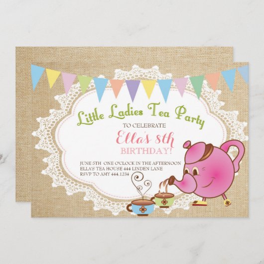 小さい女性お茶会の誕生日の招待状 招待状 (正面/裏面)