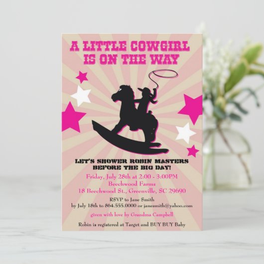 小さい女性のカーボーイのベビーシャワーの招待の揺り木馬 招待状 (スタンド正面)