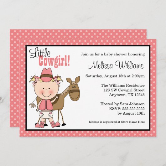 小さい女性のカーボーイの水玉模様のベビーシャワー招待状 招待状 (正面/裏面)