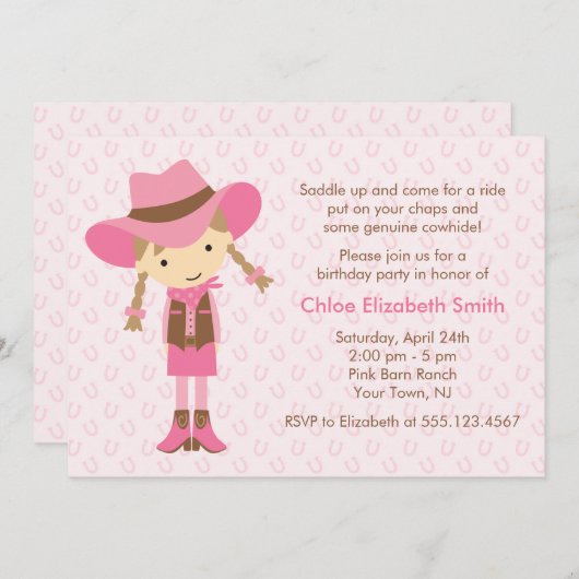 小さい女性のカーボーイの西部の誕生会 招待状 (正面/裏面)