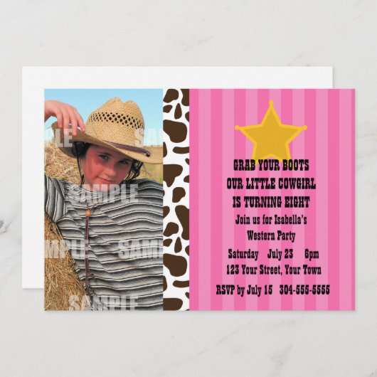 小さい女性のカーボーイの誕生会 招待状 (正面/裏面)