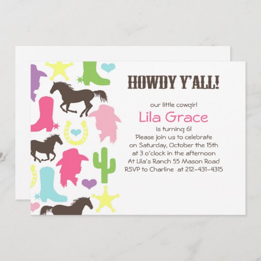 小さい女性のカーボーイの誕生日のパーティの招待状 招待状 (正面/裏面)