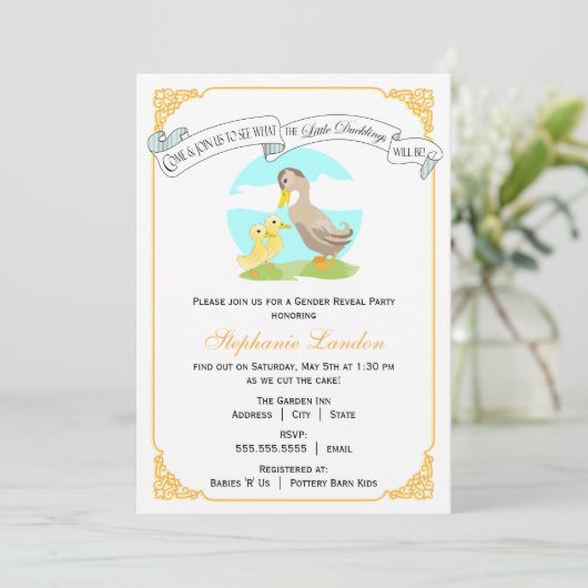 小さい子ガモ|の対の性はベビーシャワーを明らかにします 招待状 (スタンド正面)
