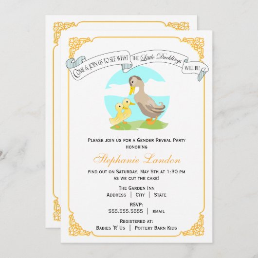 小さい子ガモ|の対の性はベビーシャワーを明らかにします 招待状 (正面/裏面)