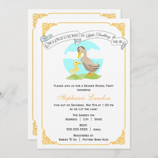 小さい子ガモ|の性はベビーシャワーを明らかにします 招待状 (正面/裏面)