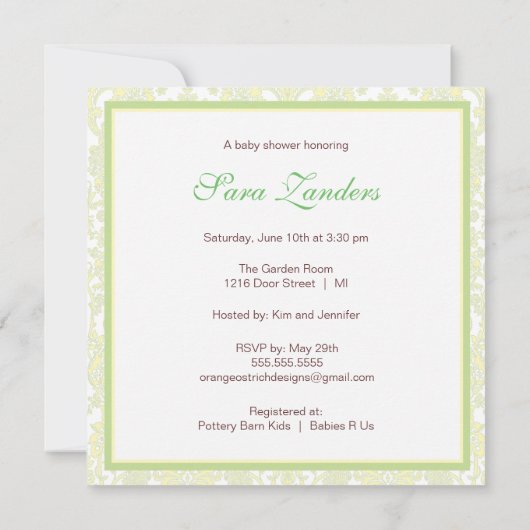 小さい子ヒツジのベビーシャワーの招待状|の緑 招待状 (裏面)