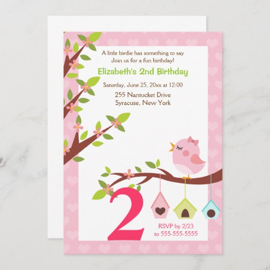 小さい小鳥の誕生日の招待状(あらゆる年齢)のピンク 招待状 (正面/裏面)