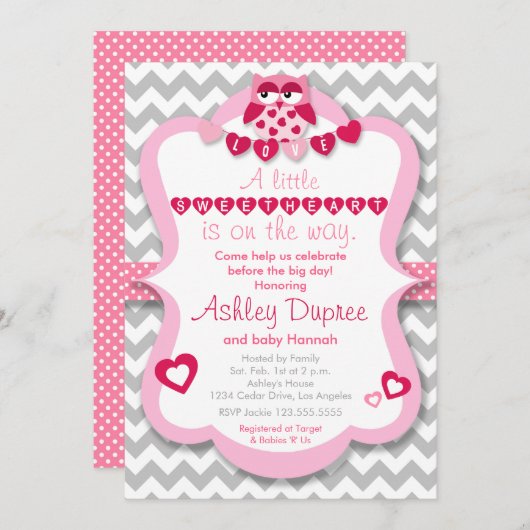 小さい恋人のフクロウの女の子のベビーシャワーの招待状 招待状 (正面/裏面)