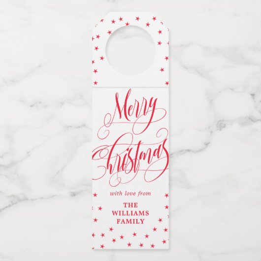 小さい星の渦巻形のな書道のメリークリスマス ボトルネックタグ (正面)