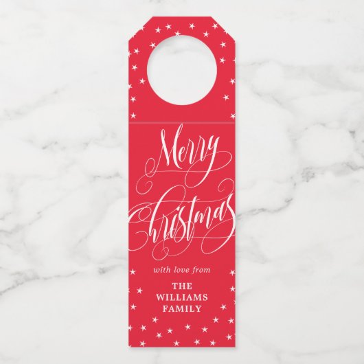 小さい星の渦巻形のな書道の赤いメリークリスマス ボトルネックタグ (正面)