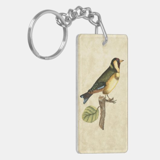 小さい枝でとまる黄色および緑の鳥 キーホルダー (正面左)