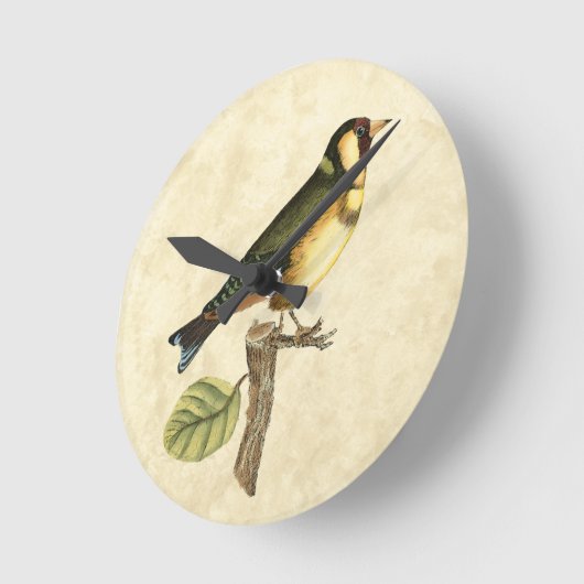 小さい枝でとまる黄色および緑の鳥 ラウンド壁時計 (傾斜)