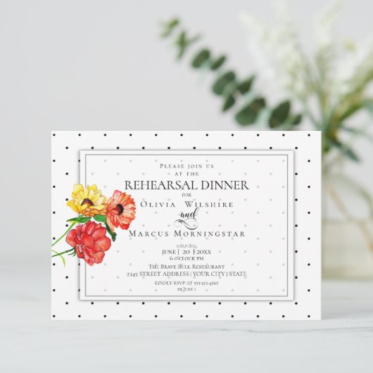 小さい水玉模様はっきりした赤と黄色の花 招待状 (スタンド正面)