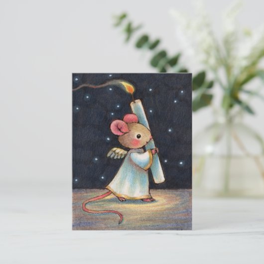 小さい炎-かわいいクリスマスの天使のマウスの芸術 シーズンポストカード (スタンド正面)