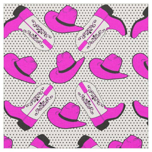 小さい点の背景のピンクのカウボーイ・ブーツの帽子 ファブリック (クローズアップ)