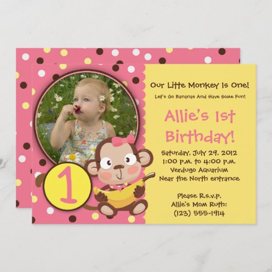 -小さい猿のパーティの招待状の女の子は興奮します 招待状 (正面/裏面)