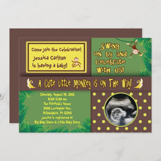小さい猿のベビーシャワーの招待状 招待状 (正面/裏面)