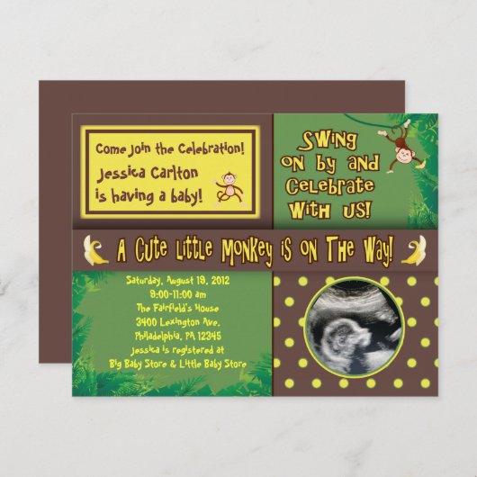 小さい猿のベビーシャワーの招待状 招待状 (正面/裏面)