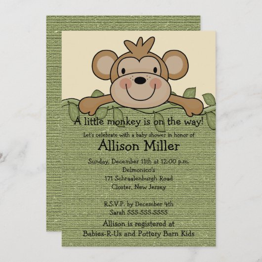 小さい猿のベビーシャワーの招待状 招待状 (正面/裏面)
