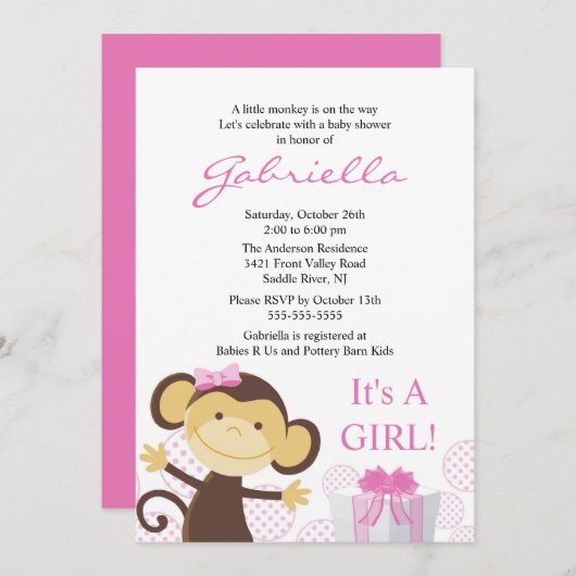 小さい猿の女の子のベビーシャワーの招待状 招待状 (正面/裏面)